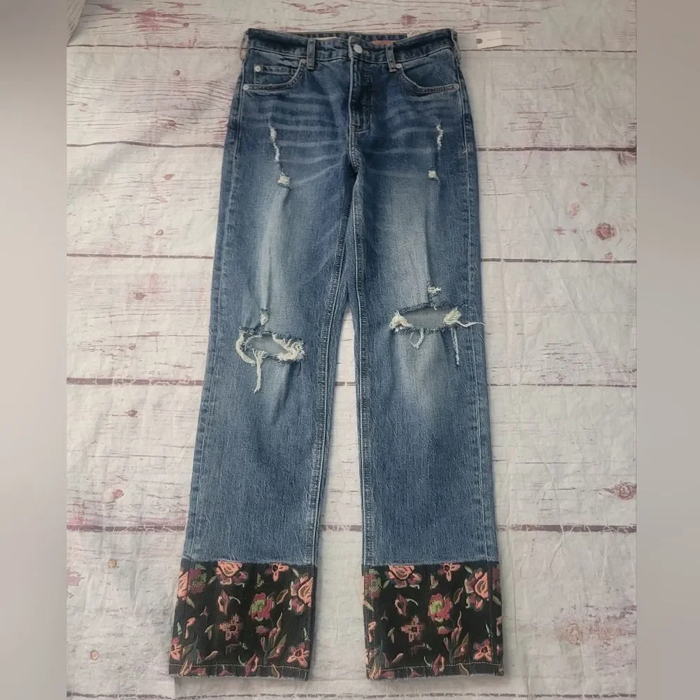 Pilcro and the Letterpress Embroidered Hem‎ The Vintage Straight Jeans Sz 25 NWT